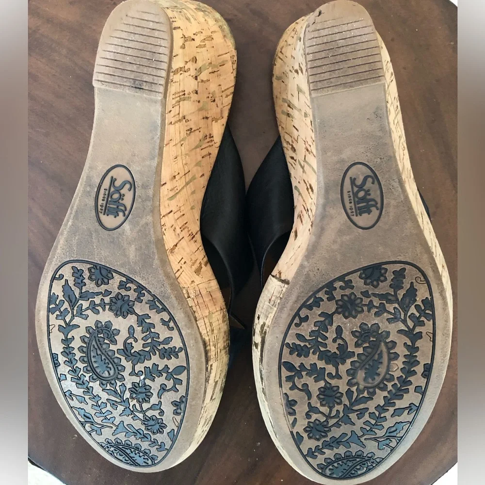 Sofft black leather wedge slides with buckle & cork-covered heel with gold - Picture 12 of 13